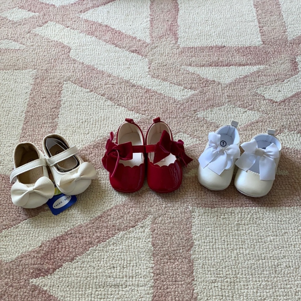 3 Pairs of Baby Girl Shoes with Bows - Red/White/Off White
